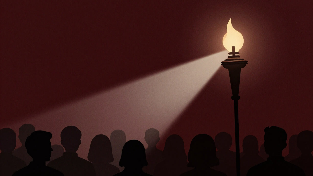 暗闇の中で高々と光を放つ巨大なトーチのシルエット