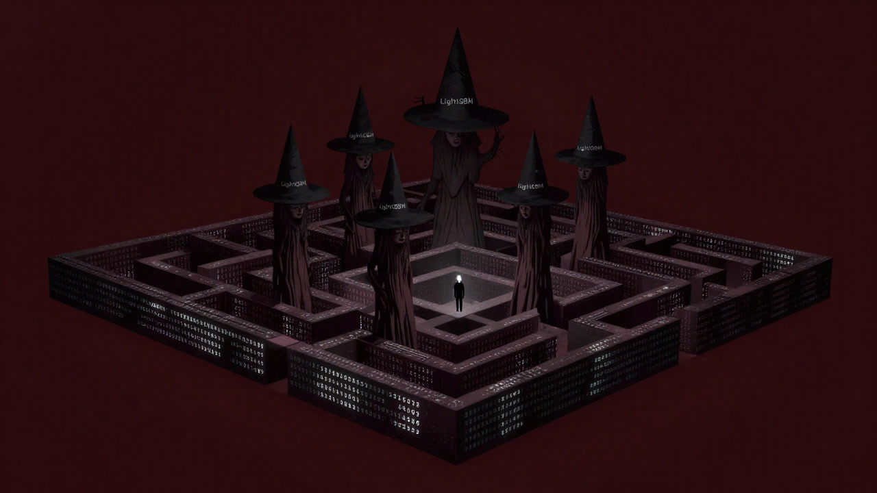 Illustration of a witch-like forest of trees representing LightGBM looming over a researcher trapped in a glowing labyrinth of parameters.