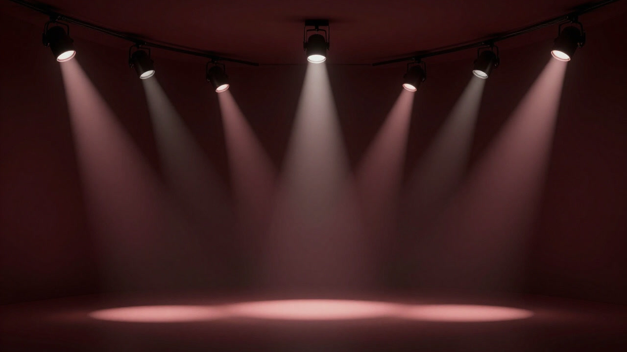 A dimly lit room with a maze of wired spotlights floating in the space