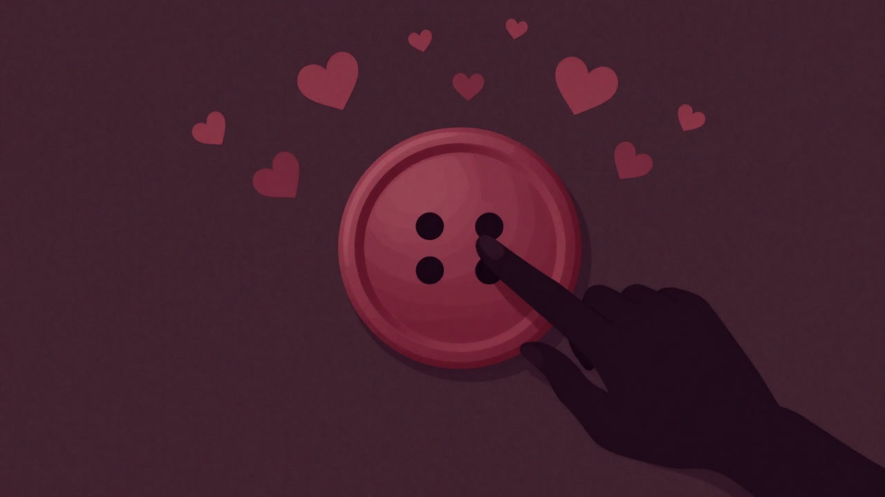 Silhouette of a hand furiously pressing a button with a swarm of heart icons floating above