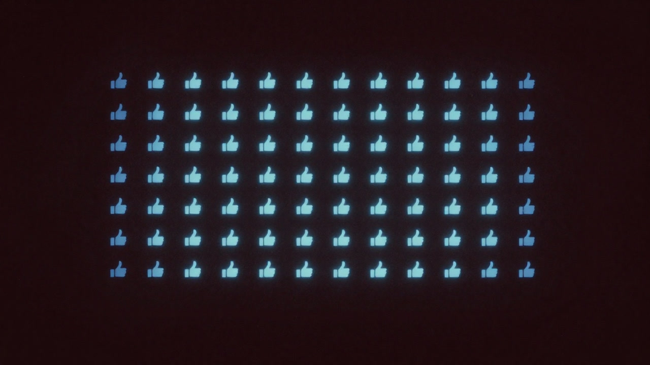 An image of rows of blue thumbs-up icons shining like stars across a dark screen.