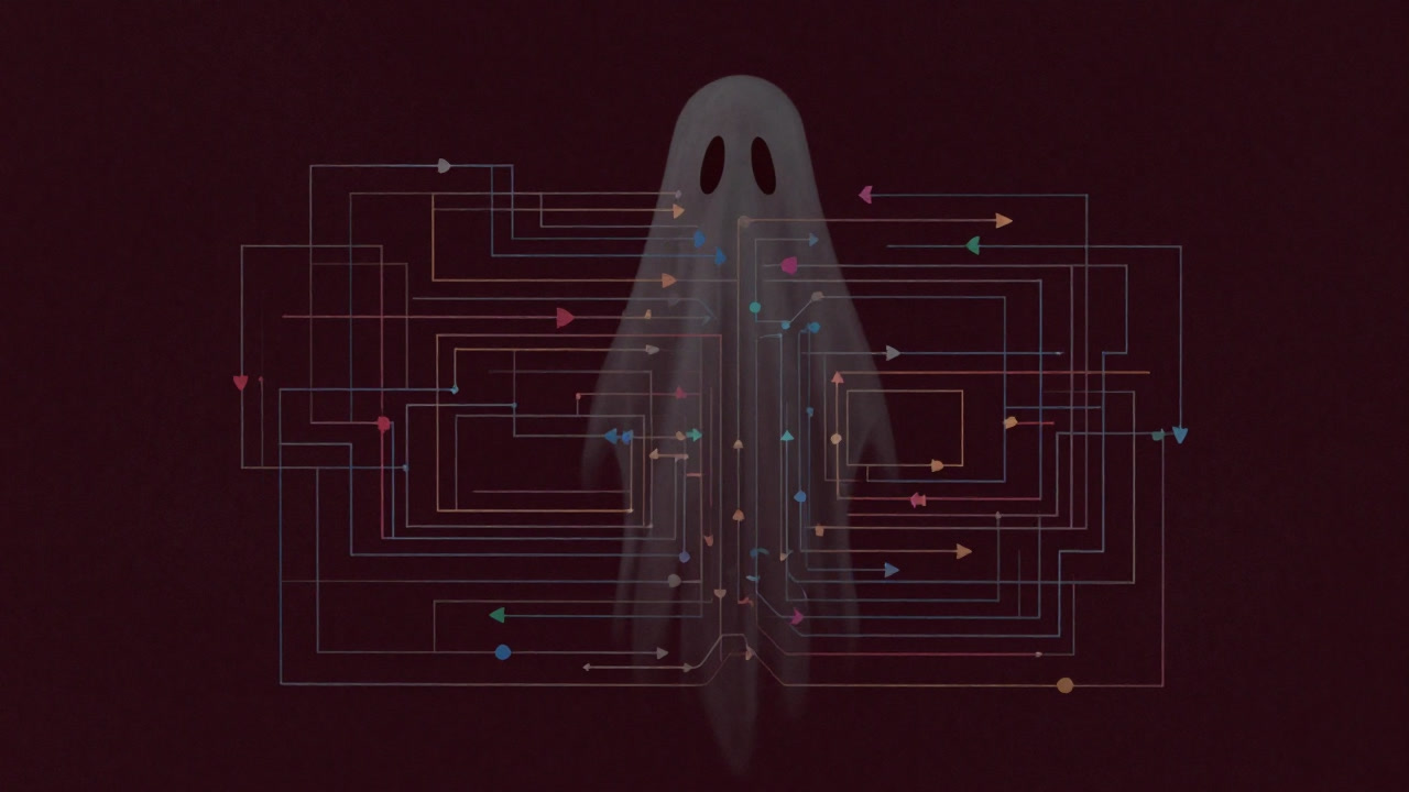 データフローの矢印が無限に巡りつつ幽霊のように漂う図