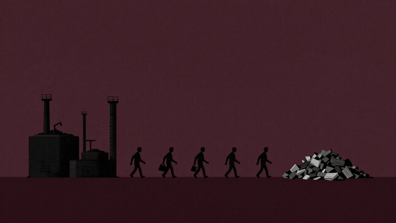 Illustration of resources flowing linearly into a trash bin at the end