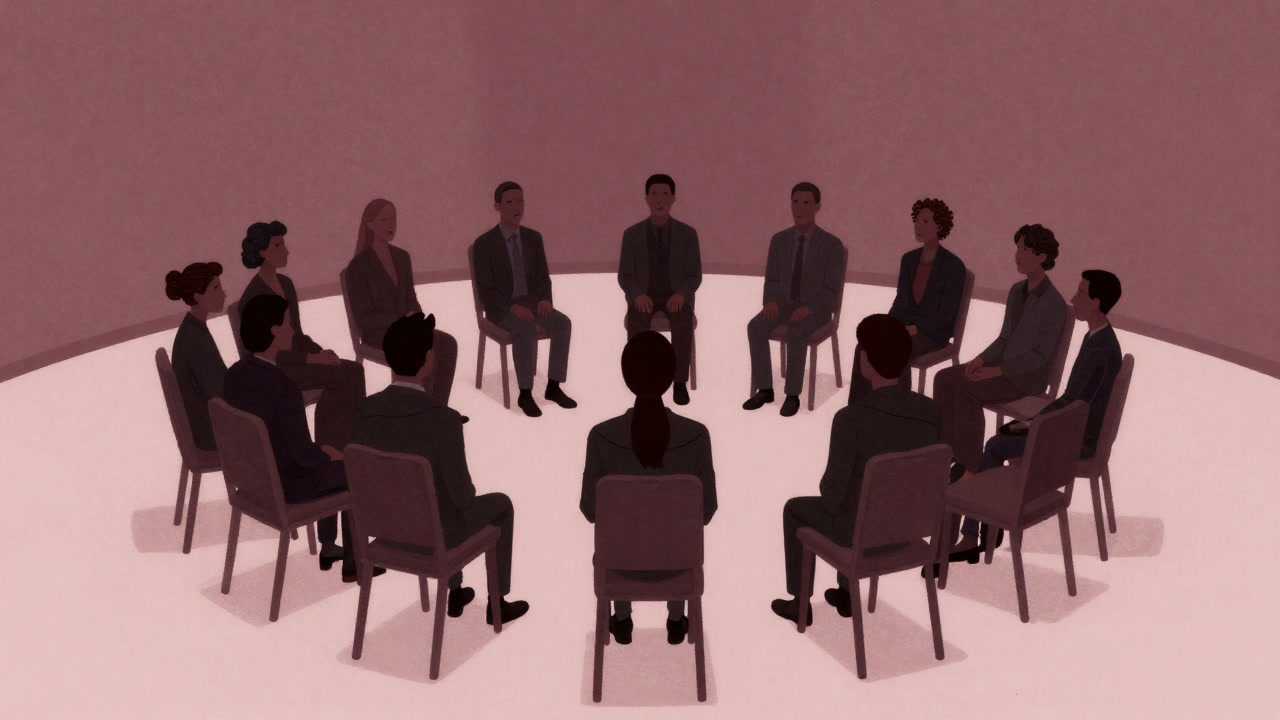 円形の椅子に座り、無表情で順番を待つ参加者たち。中央には誰もいない心象の空間。