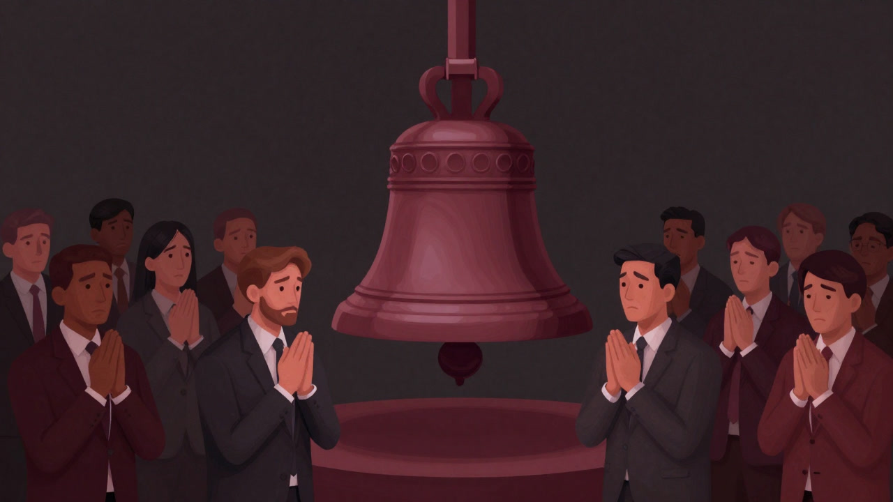 A crowd of suited people praying before the stock exchange bell on listing day.