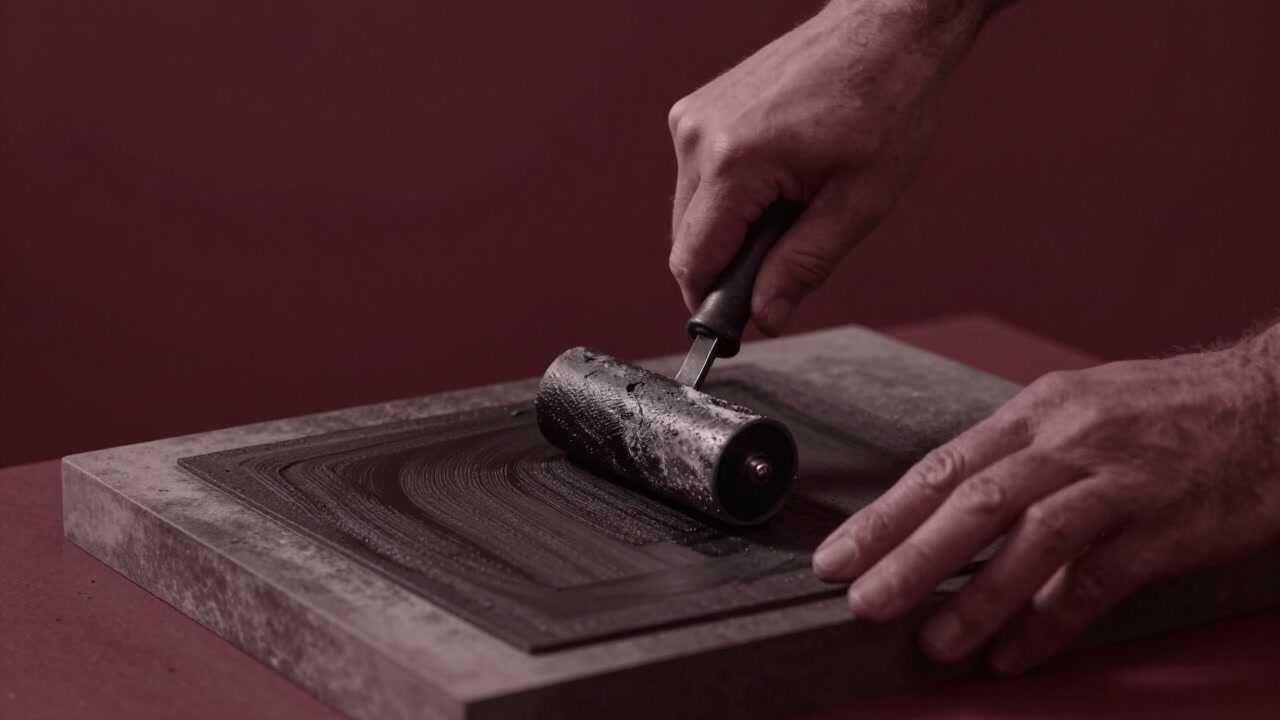 A close-up monochrome photo of a craftsman's hand running a brush over a lithographic stone.