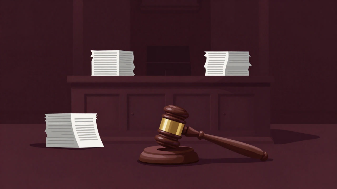 Illustration of an old courtroom piled with lawsuits and a gavel casting a shadow