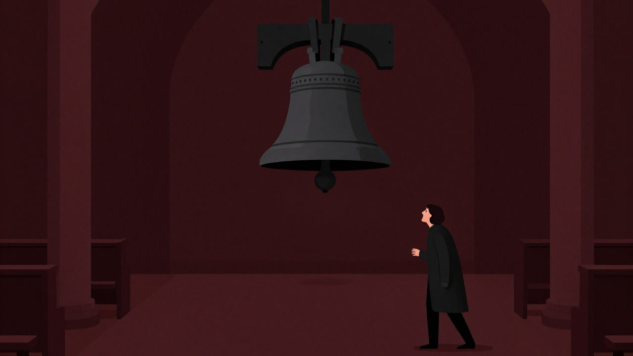 教会の堂内で時を告げる鐘の音に怯える信徒のシルエット