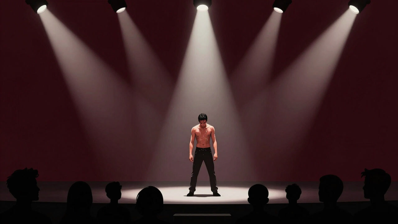 ステージ上でスポットライトを浴び、汗を浴びる演者とそれを見つめる群衆のシルエット