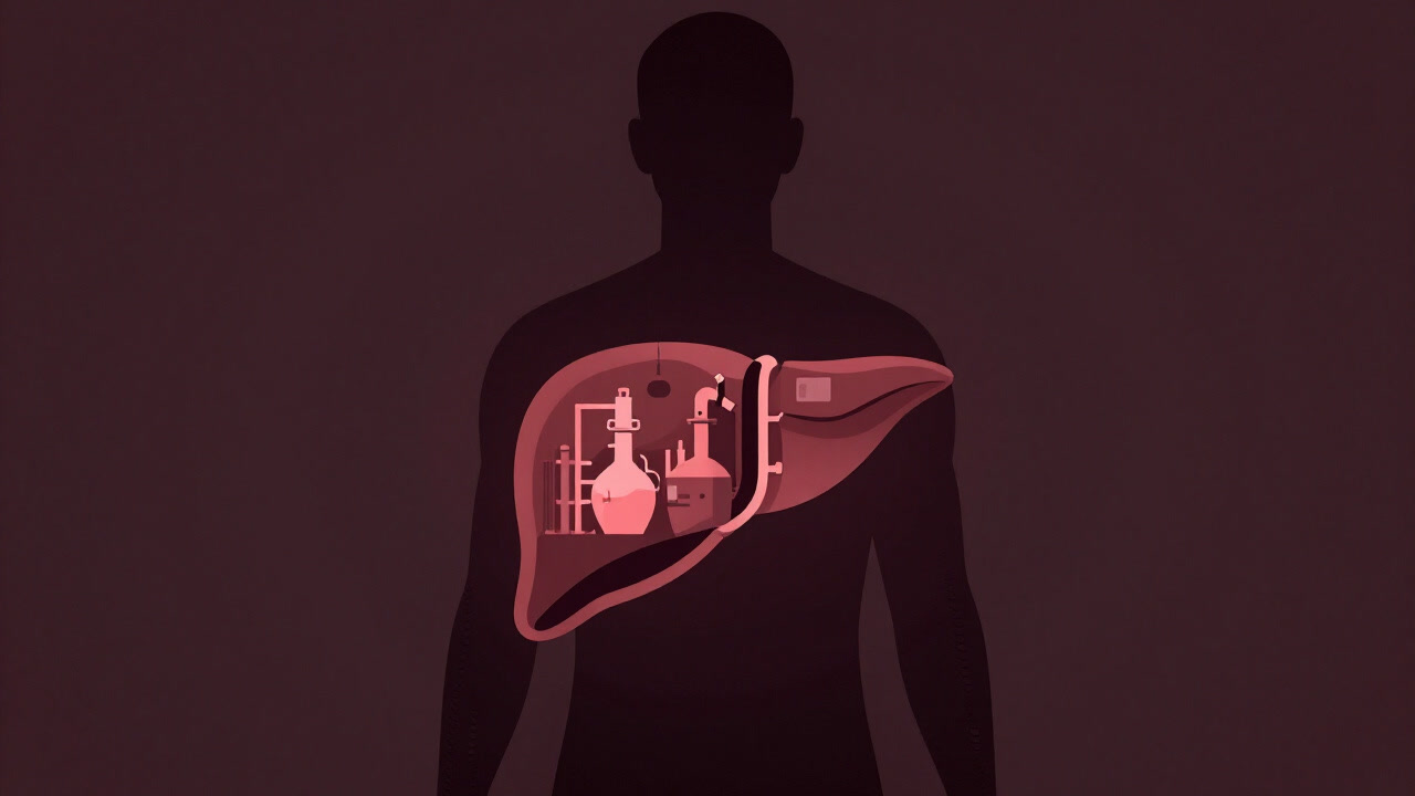 Illustration of a liver-shaped chemical factory glowing faintly against a dark background with a silhouette of a pale human figure.
