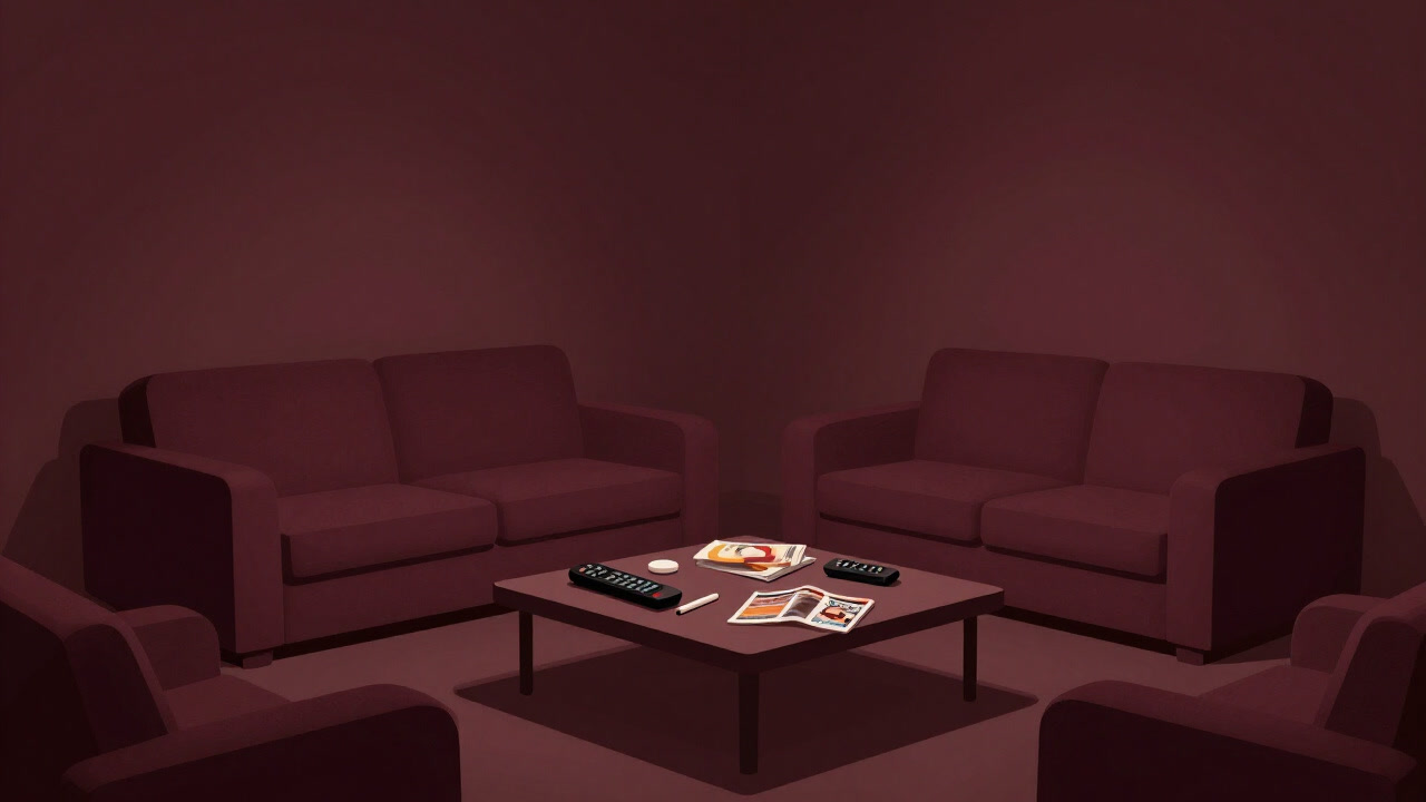 豪華なソファと散らかったコーヒーテーブルに囲まれたリビングルームのイラスト