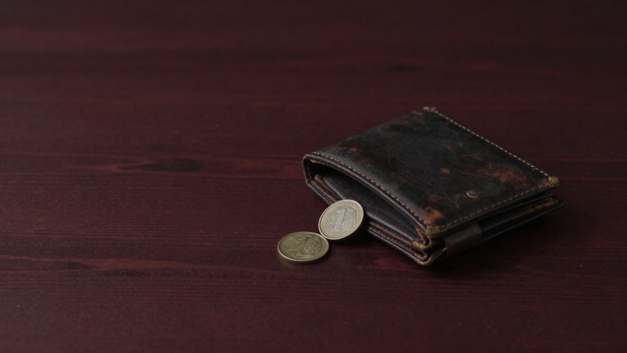 A photograph capturing a worn-out wallet with a lone one-yen coin rolling out