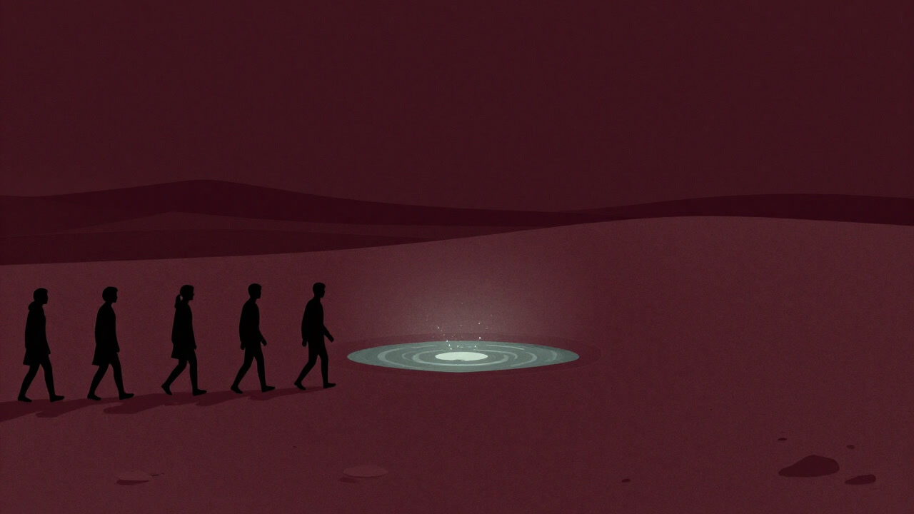 Silhouettes of people queuing as if seeking a miraculously glowing spring in the desert.