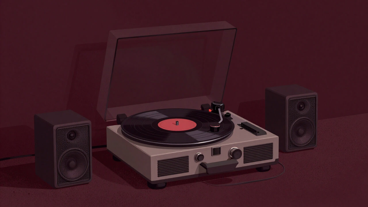An old dusty record player in the corner of a room, playing crackling sound through small speakers, atmosphere of nostalgia and imperfection.