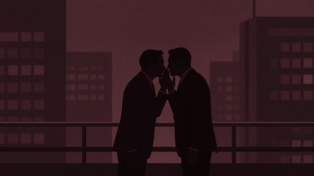 Silhouette of businesspeople in suits whispering in a high-rise office