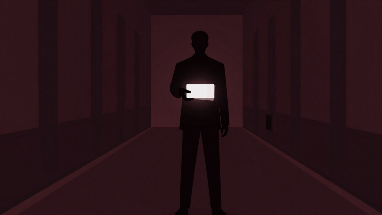 Silhouette of a suited figure lingering in the dimly lit corridor of a capitol, flicking business cards like a shadowy dealmaker.