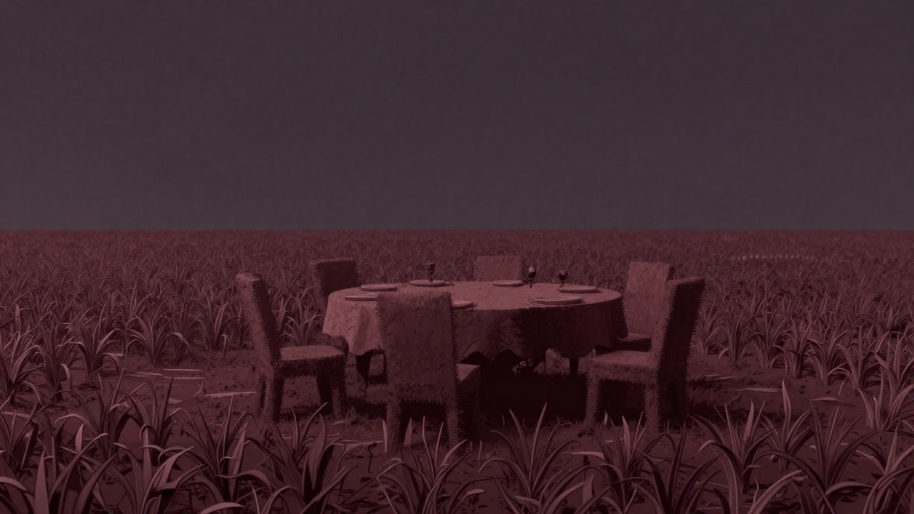 Illustration of vegetables harvested from a red soil farm arranged on a table carved from the same field.