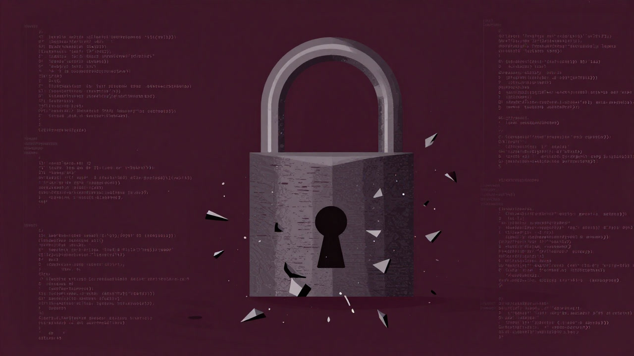 混沌としたコードの中で、原子操作を模した鍵が粉々に壊れるイラスト