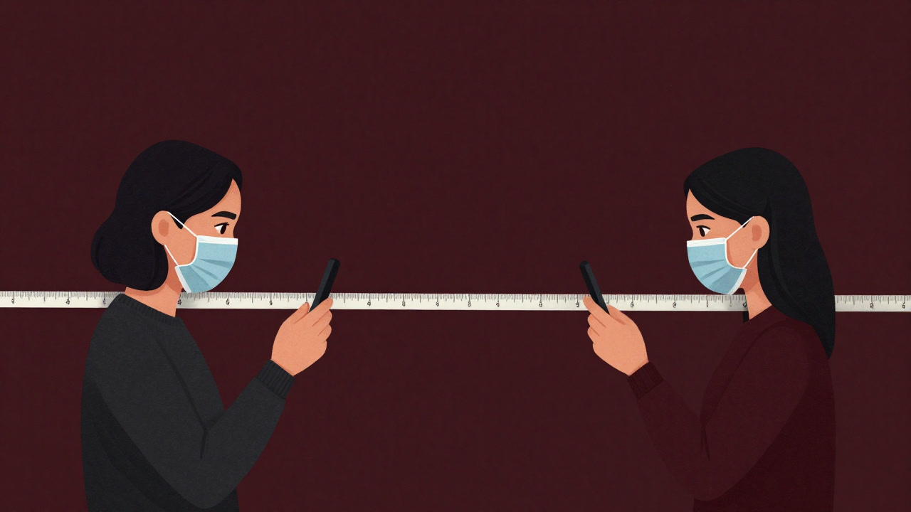 2メートル離れてスマホ越しに見つめ合うカップルのイラスト