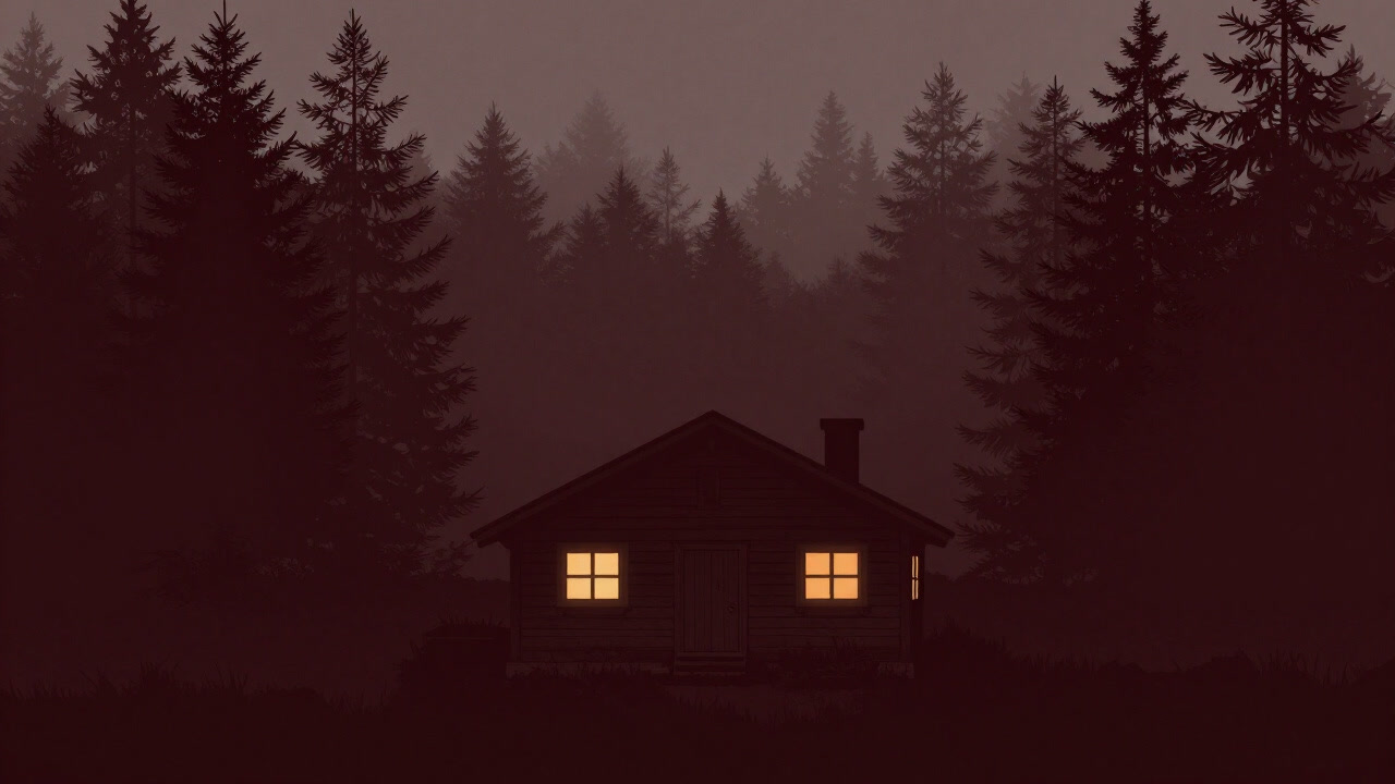 An exterior view of a wooden lodge glowing warmly amidst misty forest