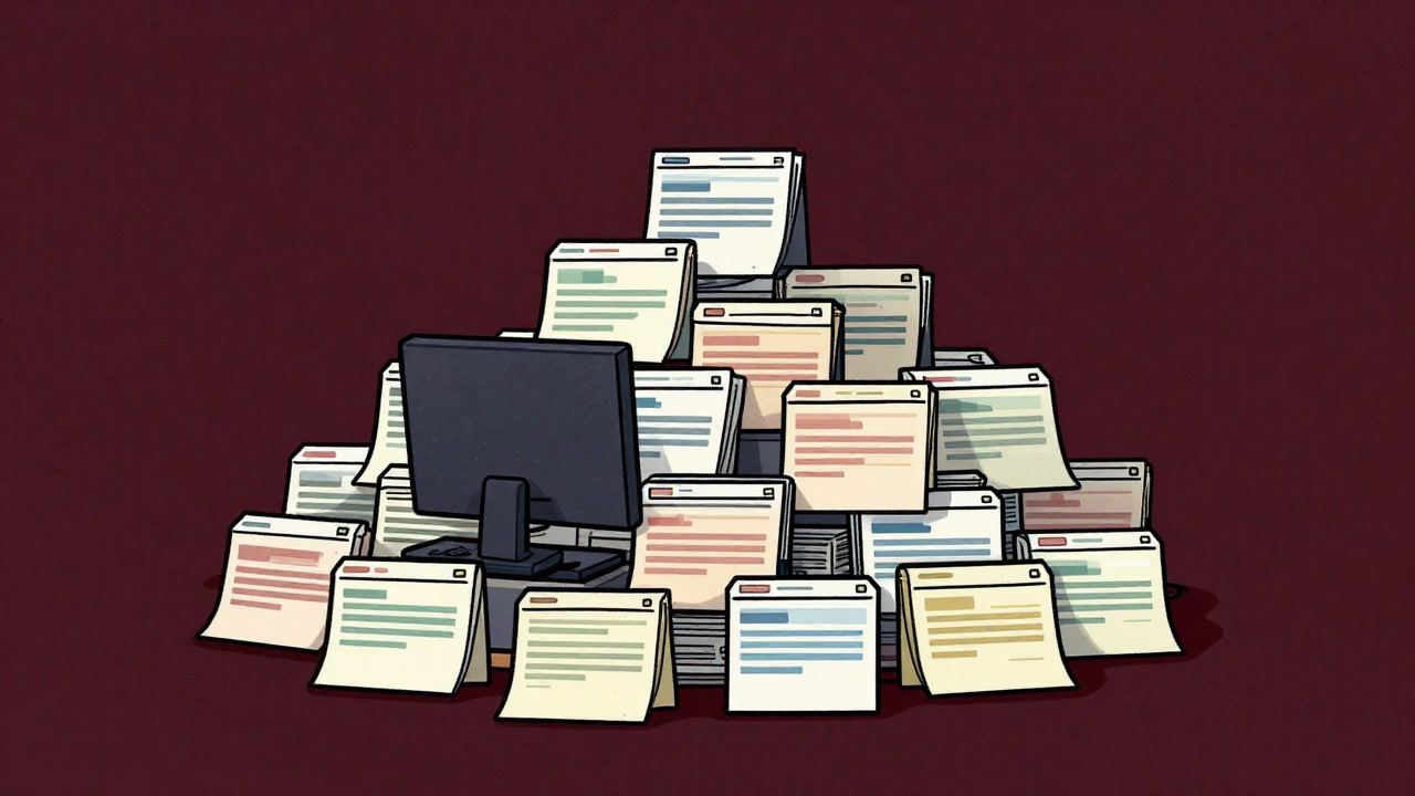 Illustration of a sea of colorful log files piling up, with an administrator buried under them