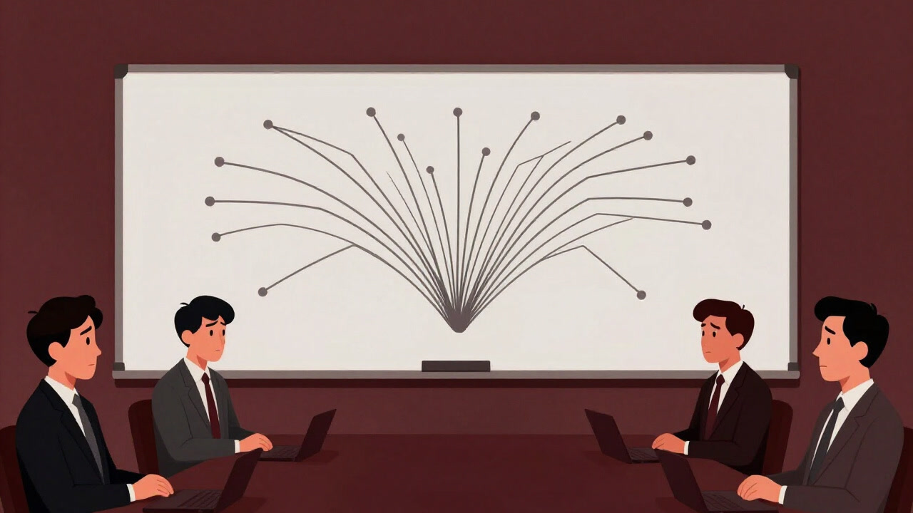 Conference room whiteboard overloaded with branches obscuring the central problem