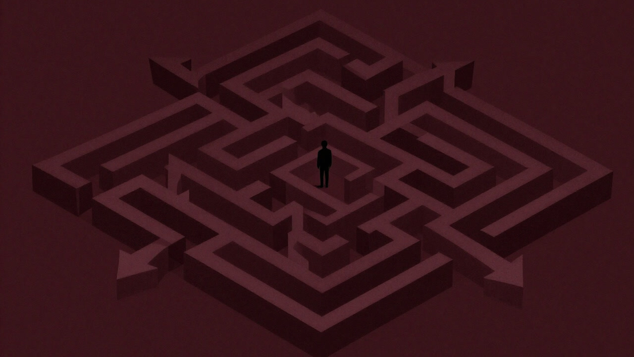 無数の矢印と記号が立体的に絡み合う迷路の中に佇む小さな人物のシルエット