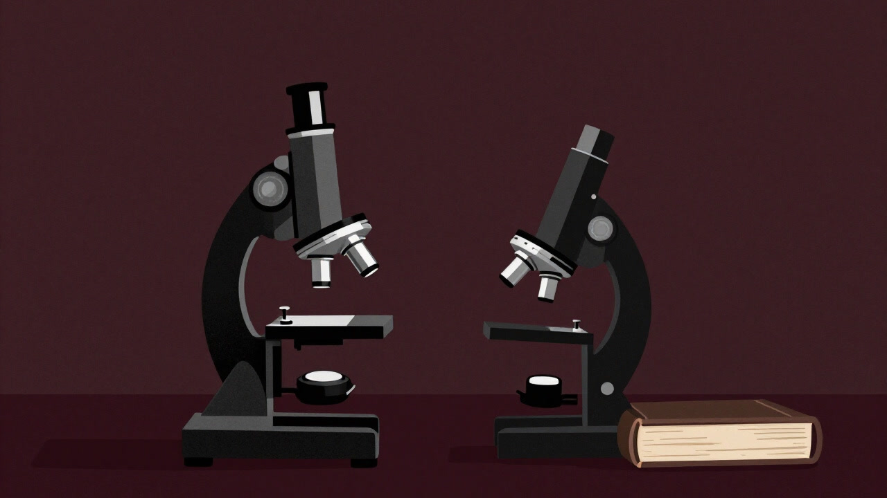 実験室の顕微鏡と哲学書が対峙し、どちらも互いを疑う視線を向け合う幻想的なイラスト