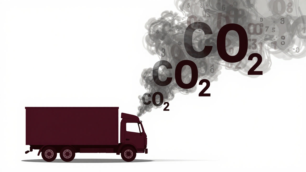 Illustration of truck spewing numbers of CO2 in grey smoke