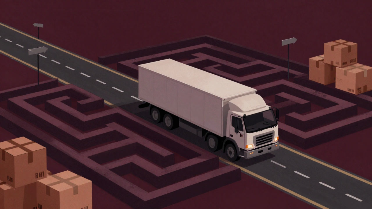 An image depicting a complex tangle of roads and warehouses with a truck wandering in a chaotic logistics network