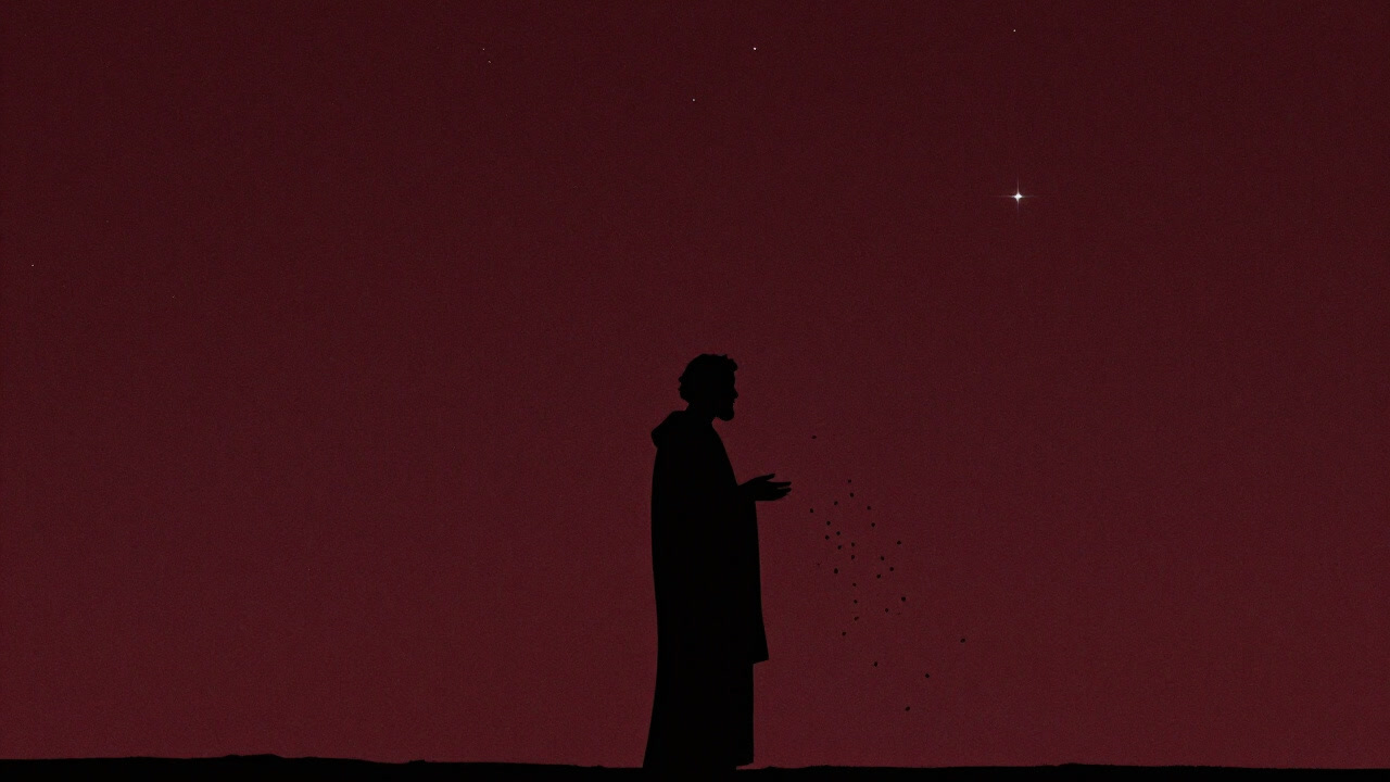 Silhouette of an ancient philosopher sowing seeds against a starry sky