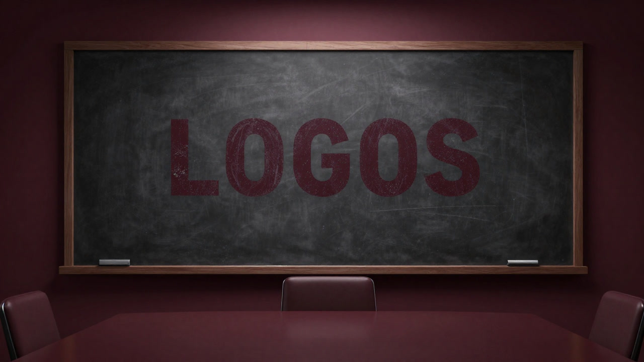 企業会議室の黒板に『LOGOS』と大書され、会議室が一瞬厳かな空気に包まれる様子