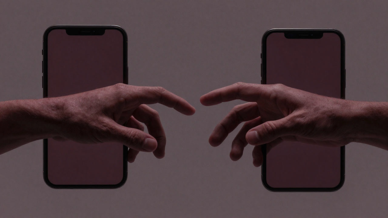 Illustration of hands intertwining through smartphones' screens.
