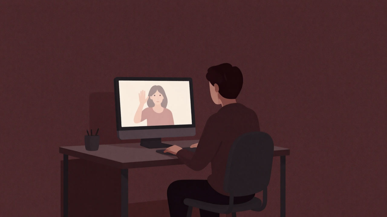 Silhouette of a person staring sadly at their screen as their partner waves from the other side