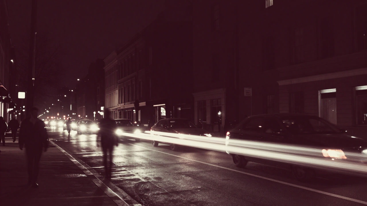 A night city street scene where moving figures vanish and only light trails remain in a long exposure photo