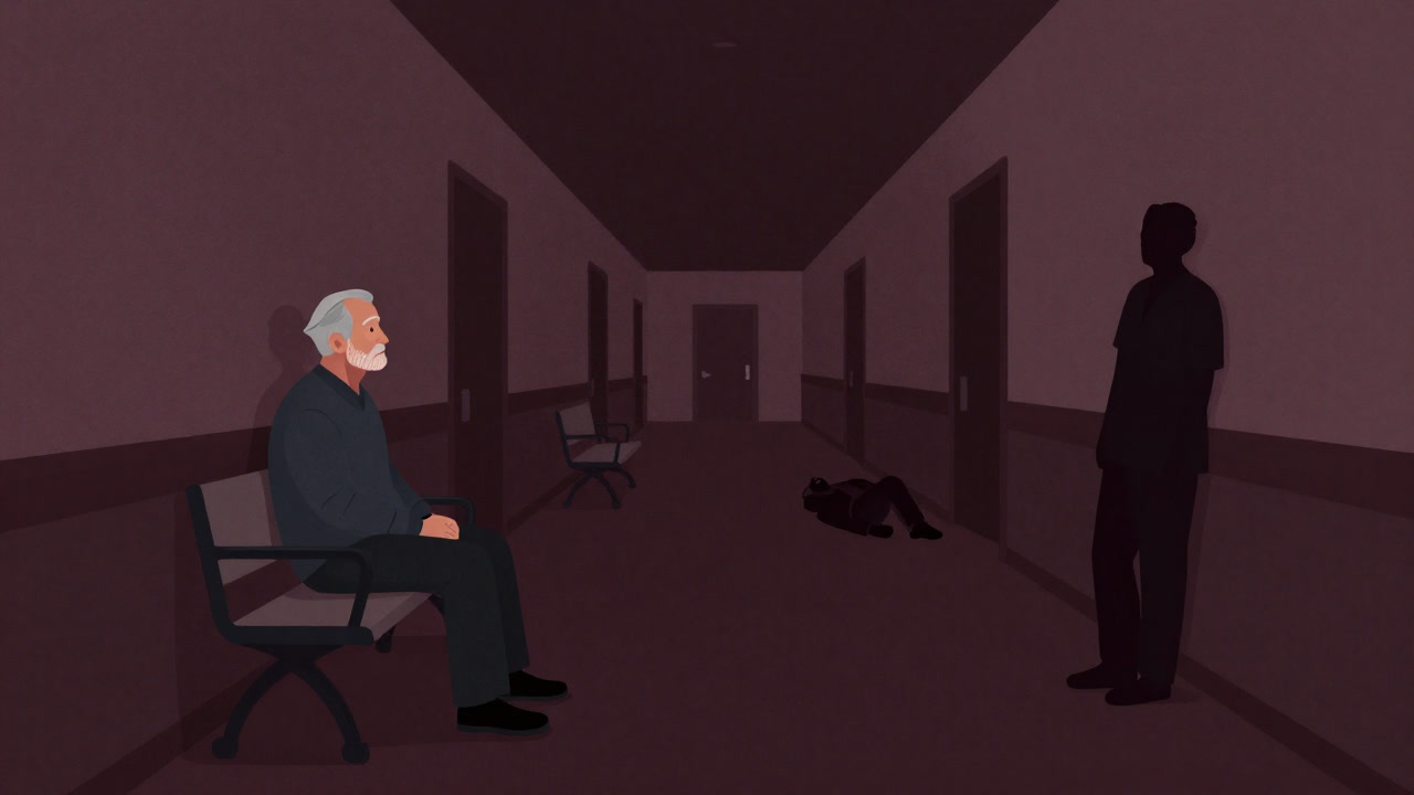 An elderly person sits on a bench in a dimly lit care facility corridor, staring into the distance as a silhouetted caregiver struggles to stay upright