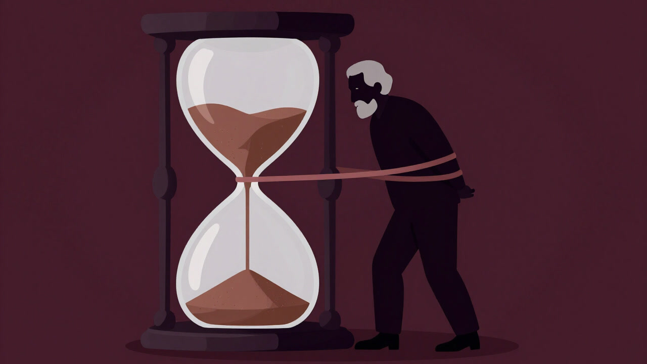 Silhouette of an elderly person bound to an hourglass, struggling under the weight of lived time.