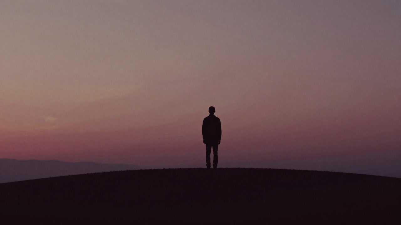 Silhouette of a lone figure gazing at a vast horizon, with a setting sun and soft hues in the background.