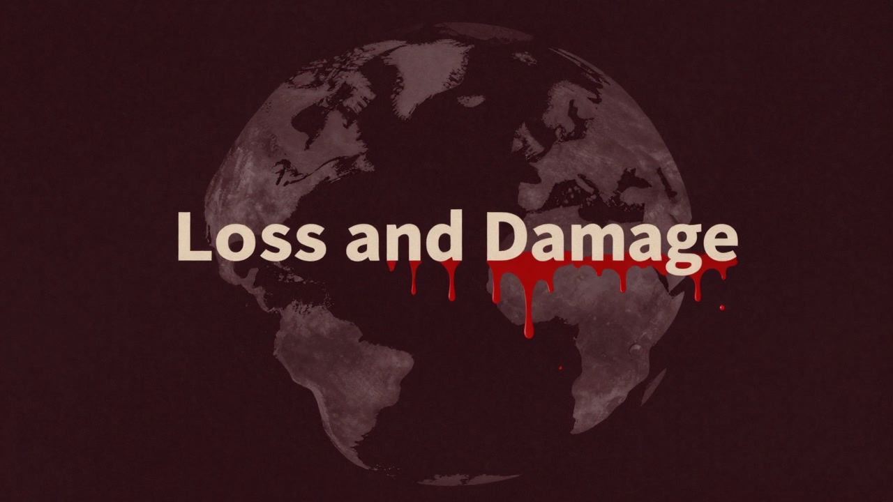 Illustration of Earth's silhouette on the brink of scorched ruin with the words "Loss and Damage" dripping like blood.