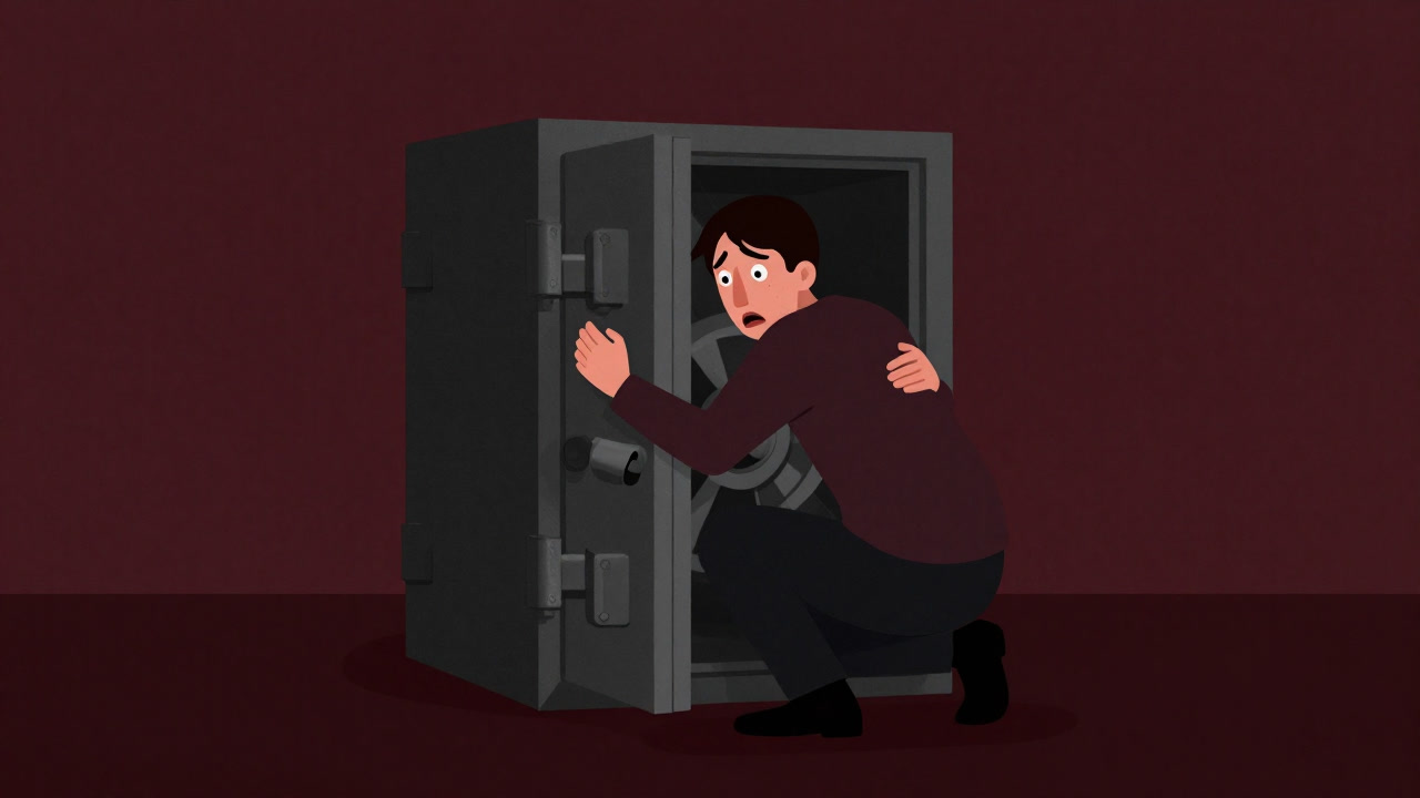 Illustration of a person clinging to a large safe, hunched and trembling