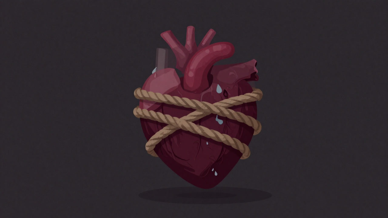 ロープで縛られたハートが泣きじゃくるように滴を落としているシュールなイラスト