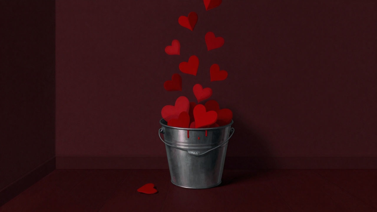 Illustration of a bucket overflowing with hearts, quietly dripping in a dark room