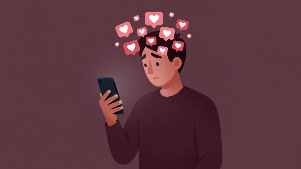 Illustration of a person looking exhausted at a smartphone screen full of heart icons