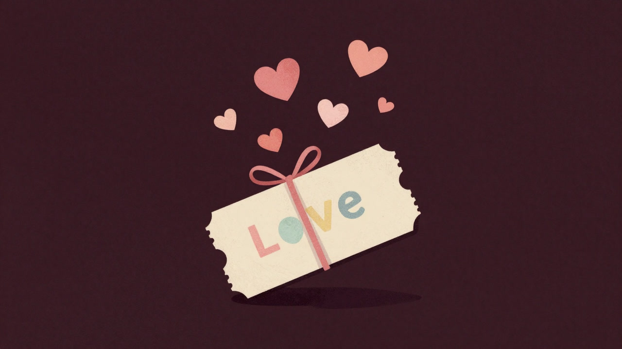 Illustration of colorful coupons tied with a ribbon, scattered hearts in the background