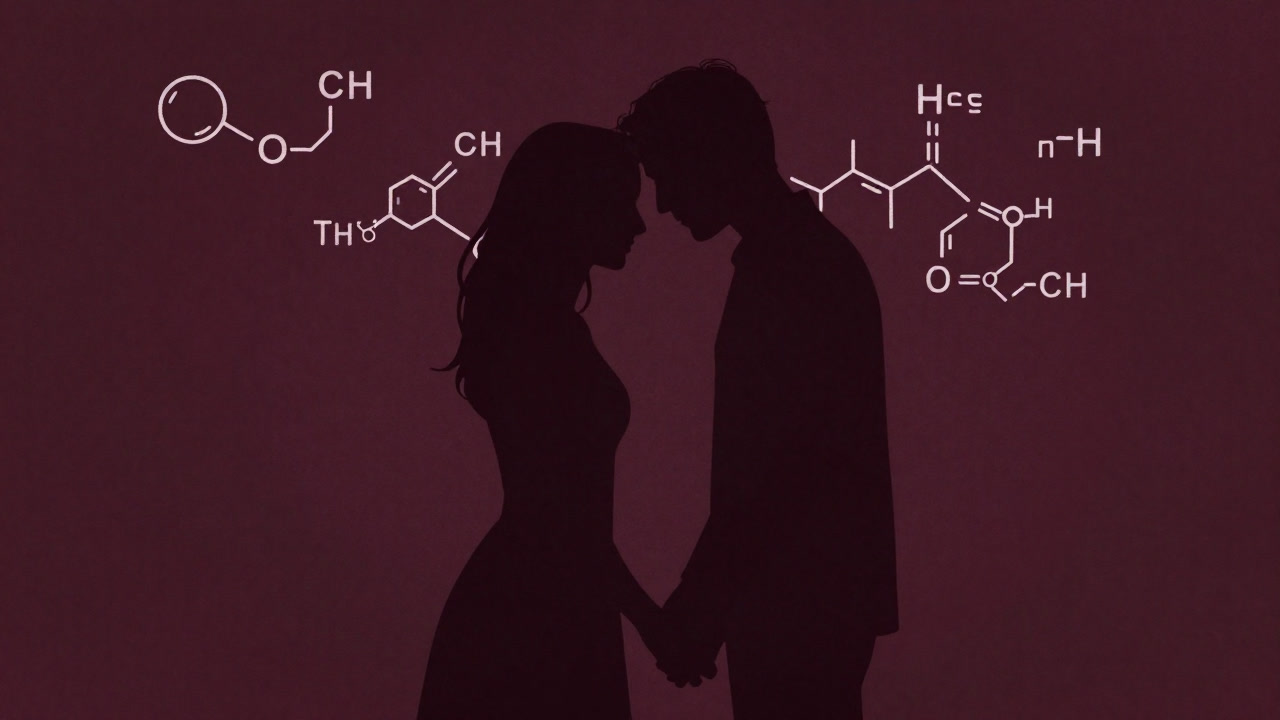 Silhouette of a couple holding hands and leaning foreheads together, overlaid with chemical formulas.