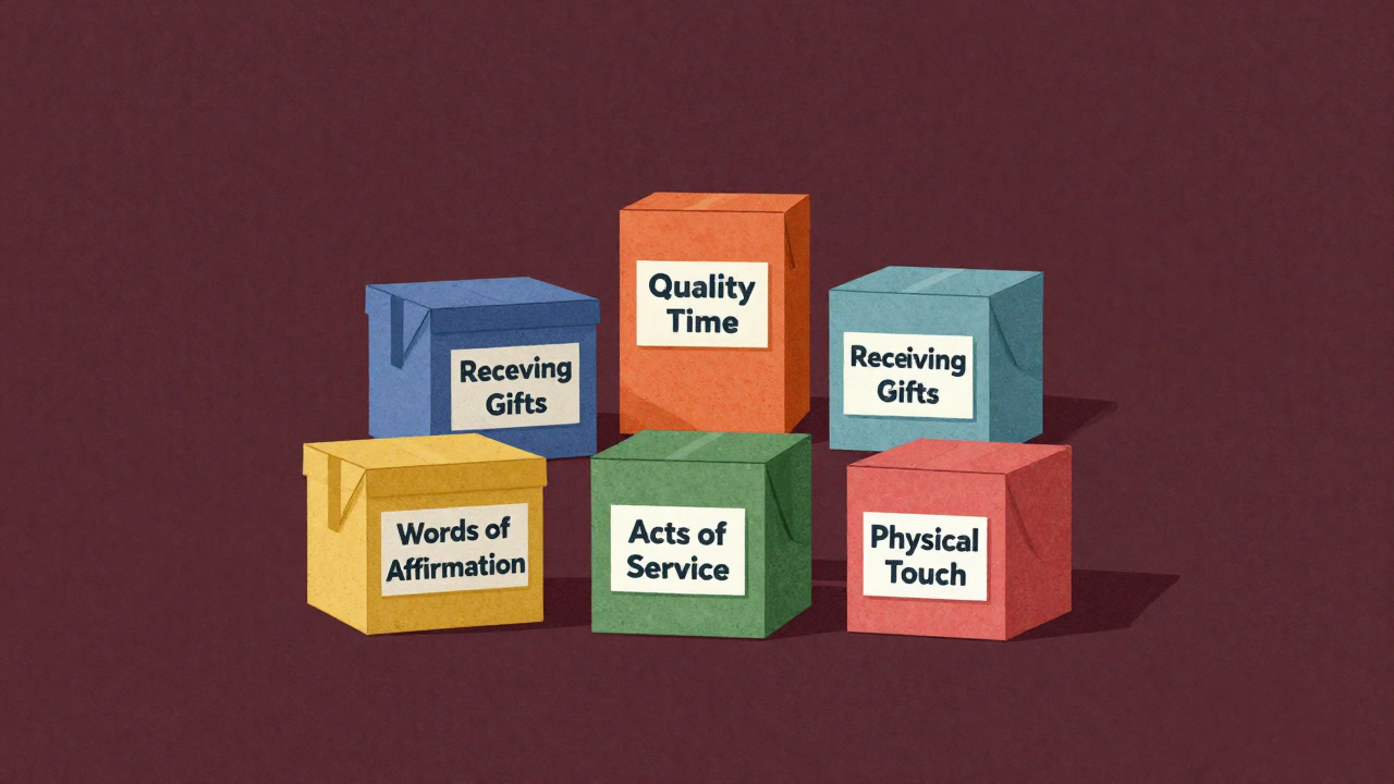 5つの愛の言語を象ったカラフルな箱が積み上がった背景