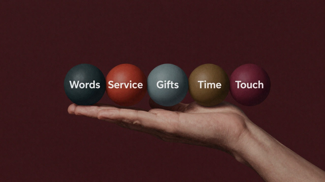 Close-up of a hand balancing five balls labeled 'Words', 'Service', 'Gifts', 'Time', and 'Touch'