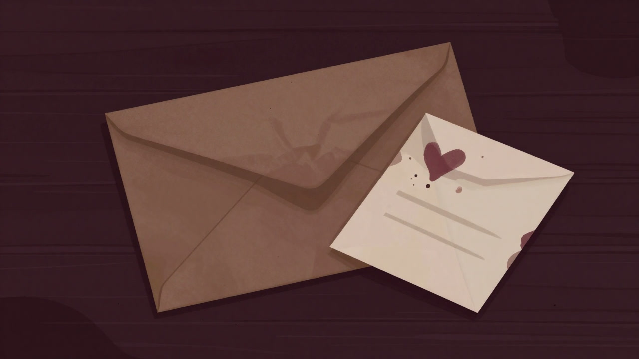 書き直された跡が残る茶色い封筒と、インクのシミだらけの便箋の写真