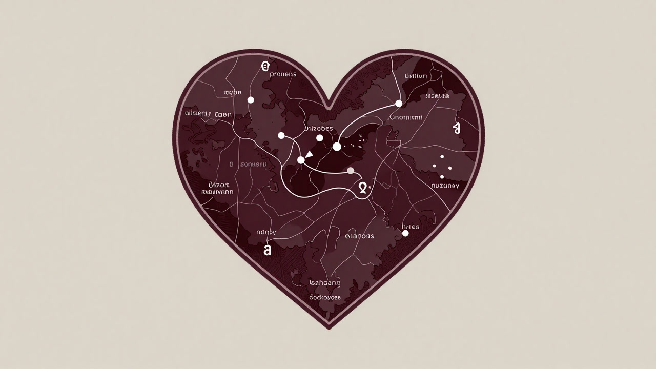 An illustration of a heart-shaped love map marked with emotional landmarks and danger zones