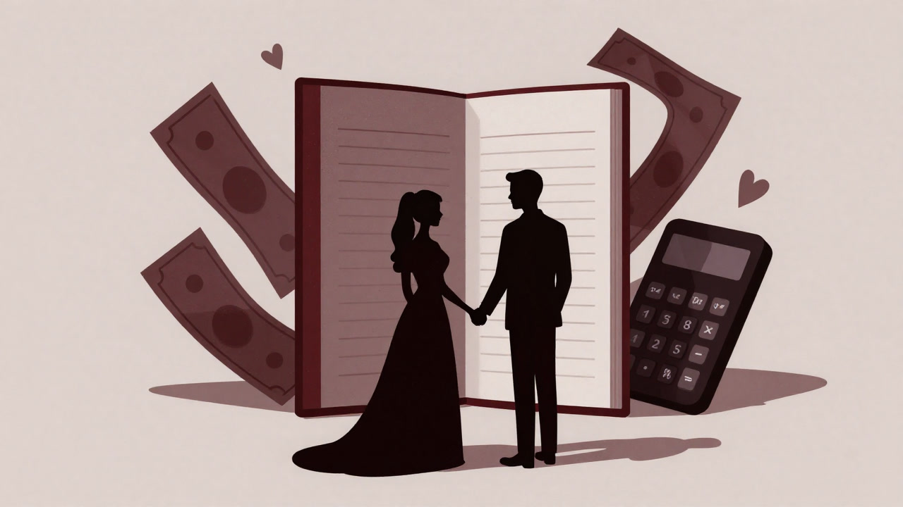 Silhouette of bride and groom holding hands while glaring at a household budget ledger